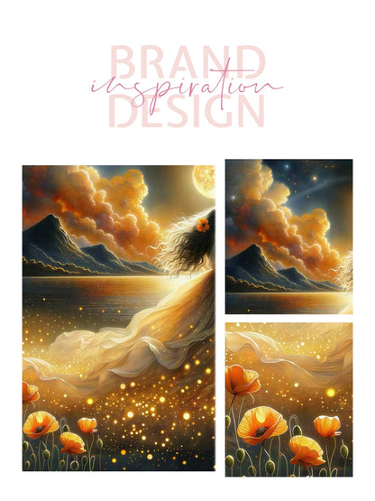 Abstract beautiful bride woman portrait, gold full moon, whimsical night sky, fantasy wall art, poppies, floral