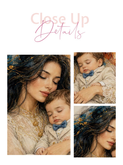 Framed canvas- ready to hang wall art print, vibrant colours crayon drawing abstract portrait mother and son, mother and baby boy, dark hair beautiful brunette woman, mothers day gilt, unique original artwork