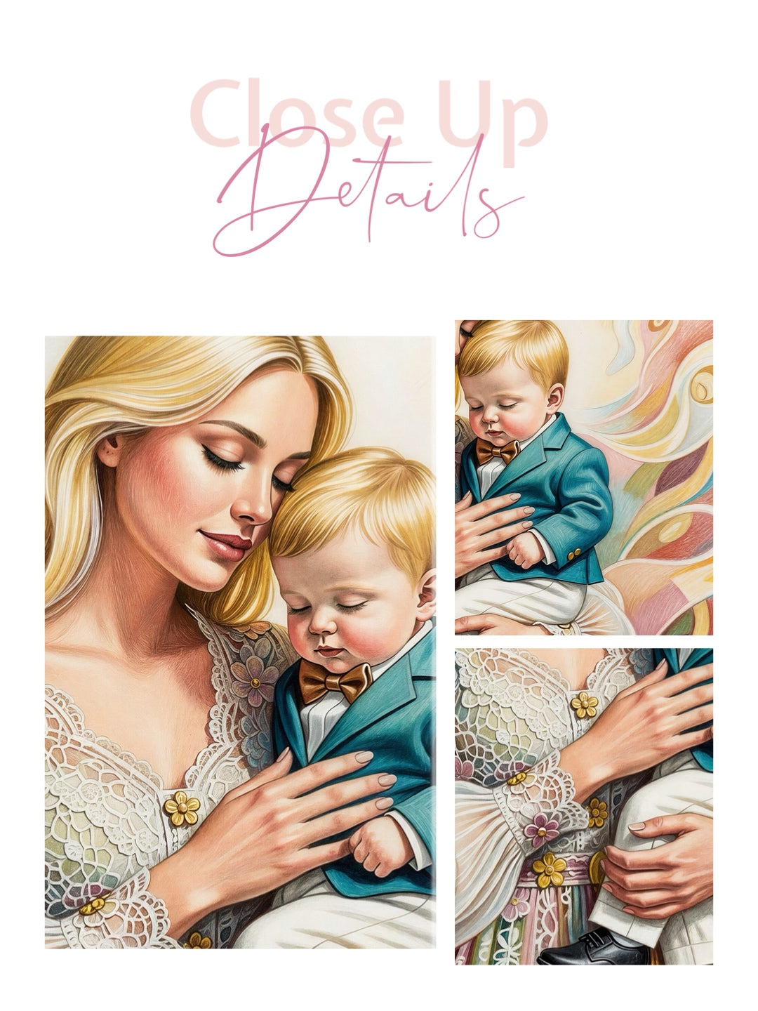 Framed canvas - ready to hang wall art, mother and son abstract portrait beautiful baby boy blonde hair beautiful woman coloured crayons fantasy drawing motherhood mothers day gift