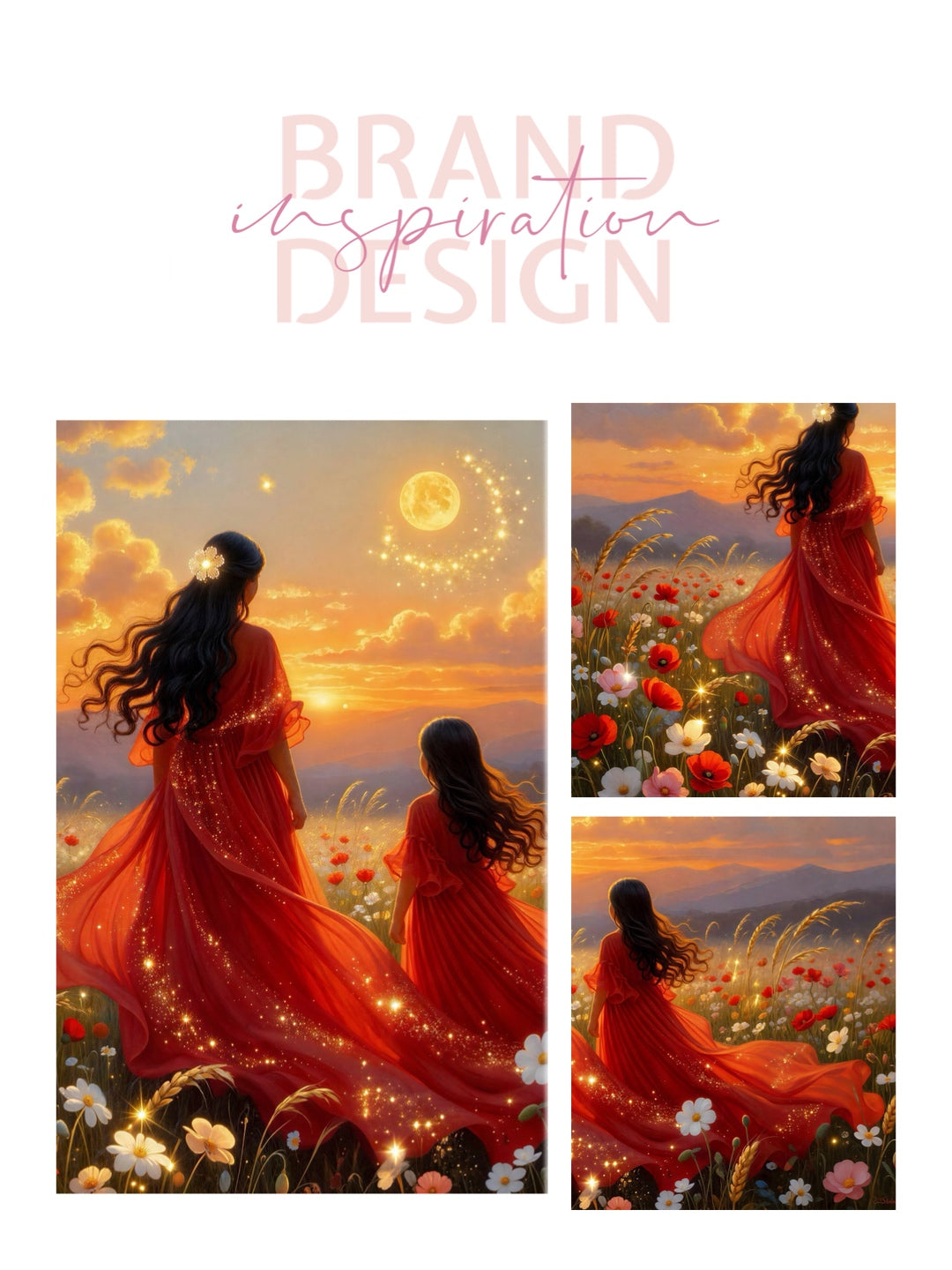 Wildflowers Abstract mother and daughter portrait beautiful sunset painting , wall art print