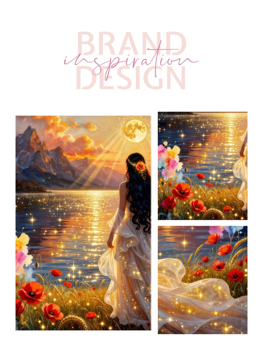 Fantasy portrait Beautiful bride by the lake, full moon floral, poppies flowers , whimsical lights and night sky