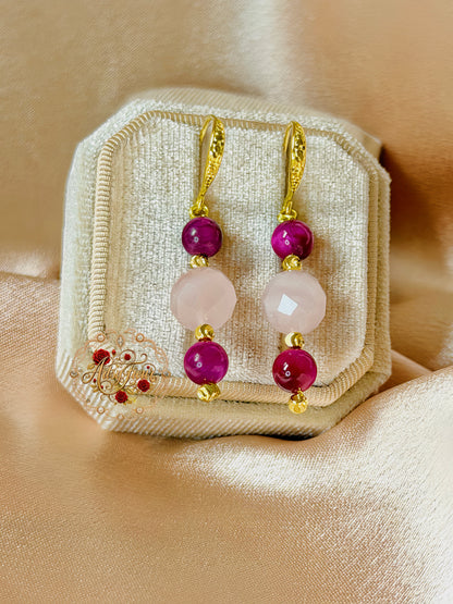 Handmade Rose Quartz Earrings Pink Tigers Eye Gemstone Long Drop Dangle Earrings Hypoallergenic