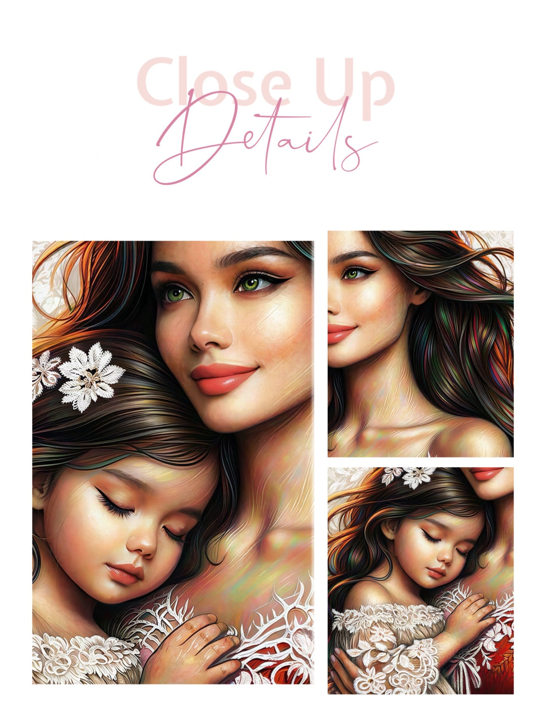 Framed canvas- ready to hang wall art print, abstract colourful mother and daughter portrait original artwork, vibrant colours, fantasy coloured crayons drawing, brunette dark hair mum and baby daughter, motherhood, mothers day gift, unique one of a kind
