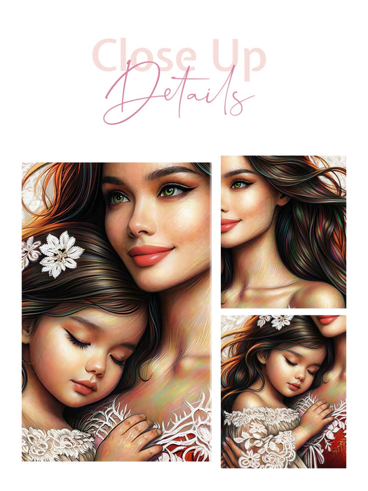 Framed canvas- ready to hang wall art print, abstract colourful mother and daughter portrait original artwork, vibrant colours, fantasy coloured crayons drawing, brunette dark hair mum and baby daughter, motherhood, mothers day gift, unique one of a kind