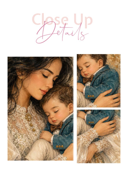 Framed canvas- ready to hang wall art, abstract drawing mother and son portrait, brunette dark hair woman mum and baby vibrant colours, motherhood mothers day gift