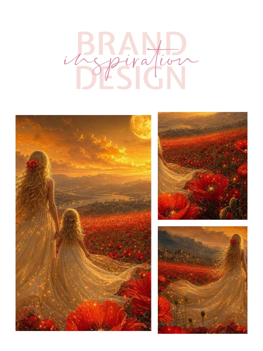 Framed Canvas- Vibrant Poppies Field Bride Mother and Daughter Portrait Whimsical Full Moon Sunset Fantasy Oil Painting Wall Art Print