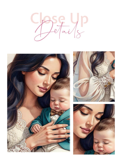 Framed canvas- ready to hang wall art print, abstract portrait mother and son vibrant colours fantasy crayon drawing, dark hair brunette woman, mum and baby boy, motherhood, mothers day gift, unique original artwork.