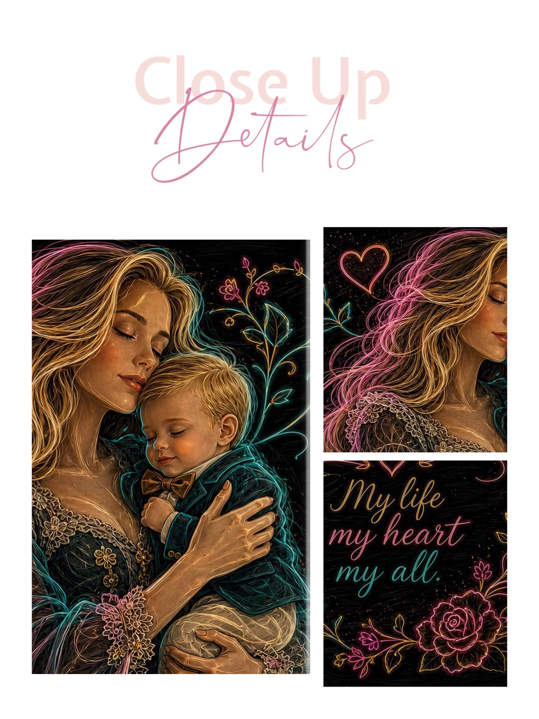 Framed canvas- ready to hang wall art. Mother and son abstract portrait fantasy coloured crayons motherhood quotes blonde woman baby boy blonde hair mum and baby