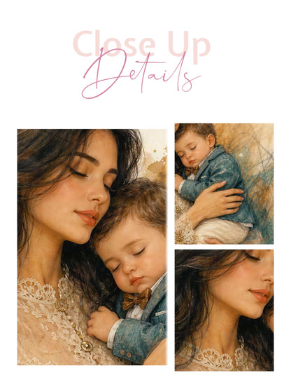 Framed canvas- ready to hang wall art, mother and baby boy abstract portrait pastel crayons drawing art print , beautiful baby boy dark hair brunette beautiful woman. Motherhood, mothers day gift