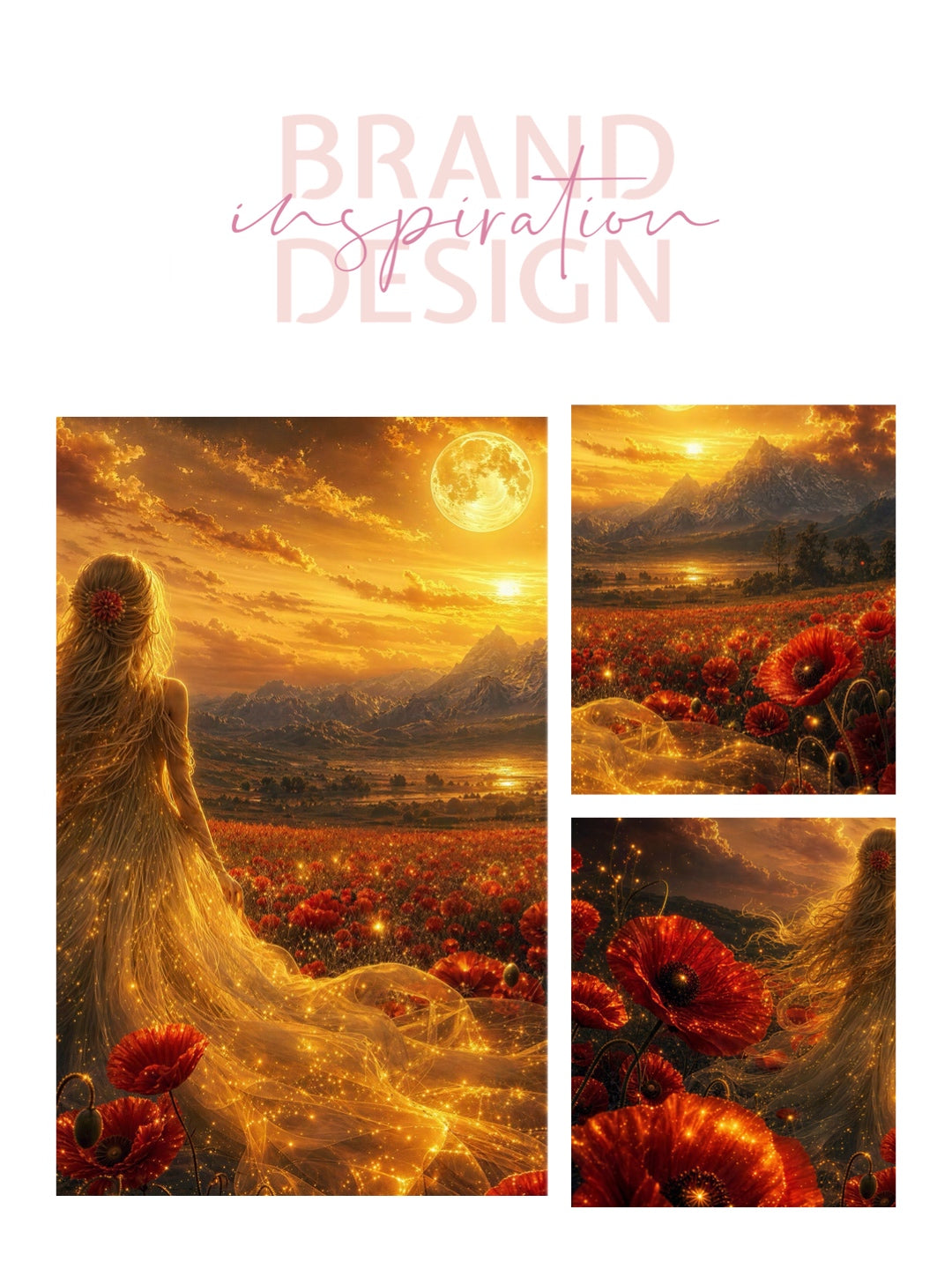 Framed Canvas- Vibrant Poppies Blonde Hair Bride in Poppy Field Whimsical Full Moon Sunset Fantasy Oil Painting Ready to Hang Colourful Living Room Wall Art Print