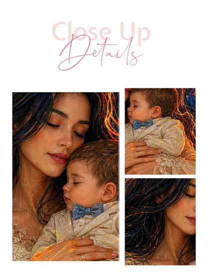 Framed canvas- ready to hang wall art print, vibrant colours abstract portrait mother and son crayon drawing neon light contours, dark hair brunette woman, mum and baby boy portrait, mothers day gift unique original artwork