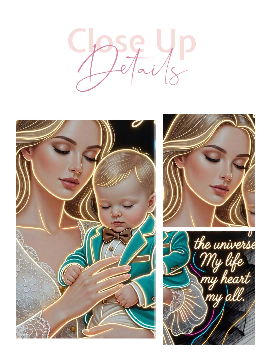 Framed canvas- ready to hang wall art. Beautiful portrait mother and son vibrant colours gold contour lights motherhood quotes blonde hair baby boy blonde beautiful woman mothers love