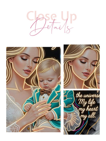 Framed canvas- ready to hang wall art. Beautiful portrait mother and son vibrant colours gold contour lights motherhood quotes blonde hair baby boy blonde beautiful woman mothers love