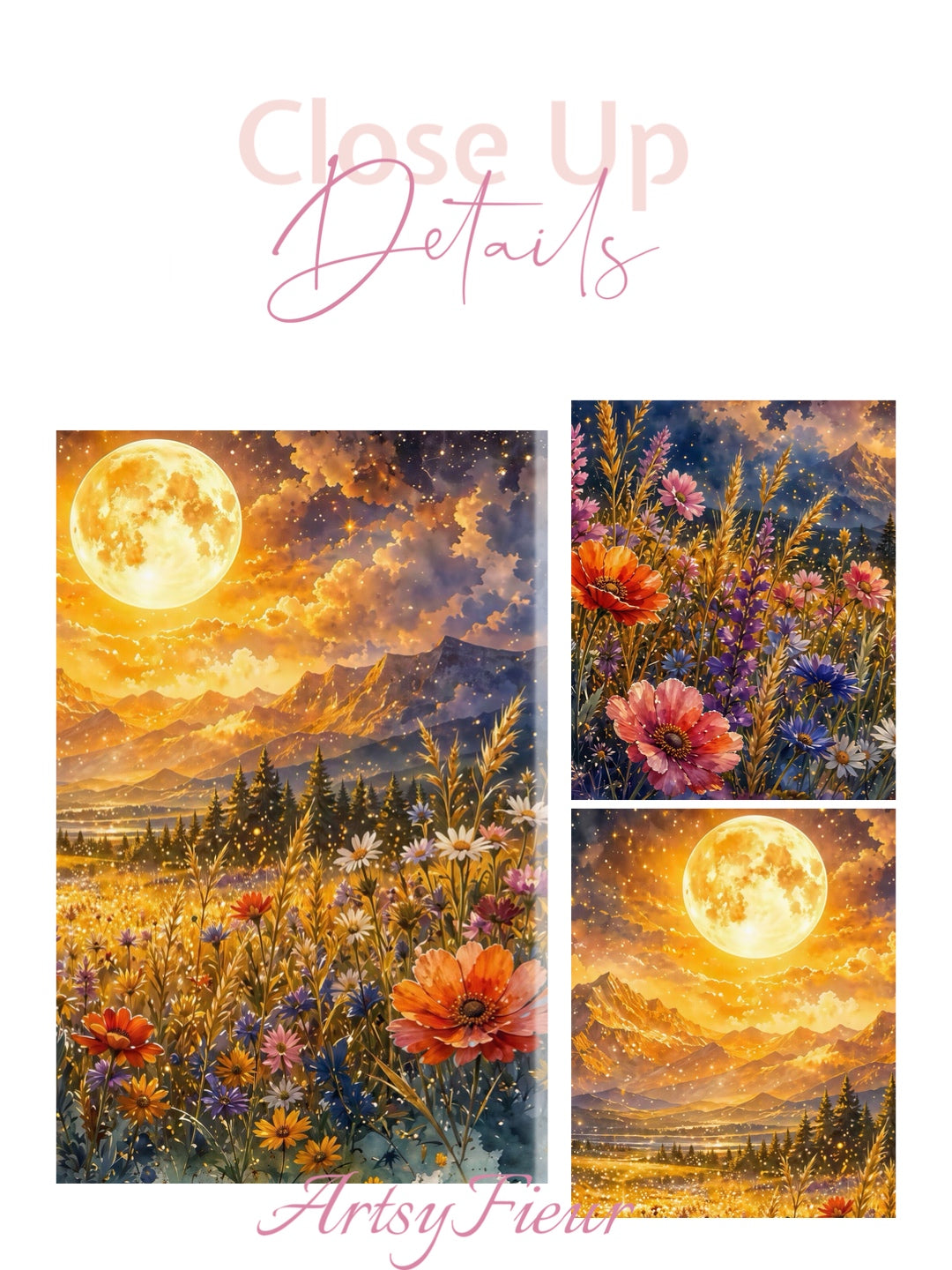 Framed Canvas- Vibrant full moon colourful wildflowers floral field under night sky original artwork living room bedroom wall art print