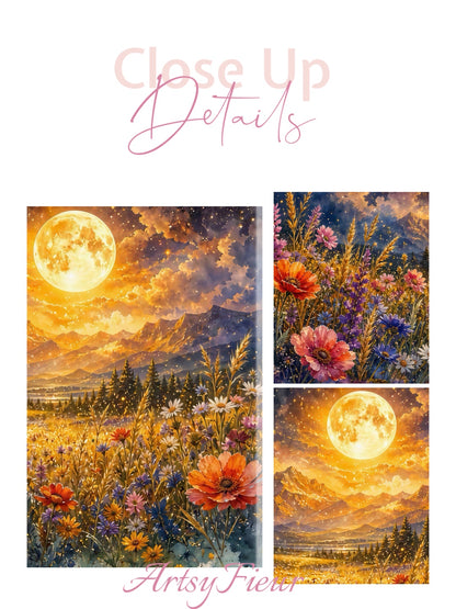 Framed Canvas- Vibrant full moon colourful wildflowers floral field under night sky original artwork living room bedroom wall art print