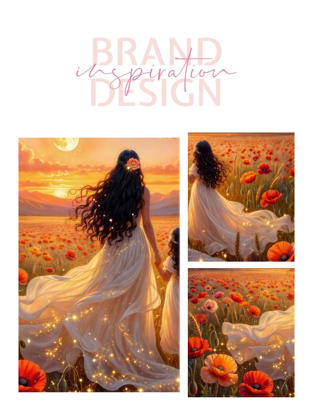 Framed canvas-Abstract portrait mother and daughter ,poppy field, Beautiful Sunset , white dresses wedding celebration
