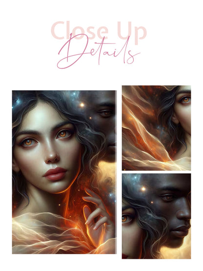 Framed canvas- ready to hang Fantasy portrait universe soulmates lovers love him and her black man beautiful brunette woman abstract light