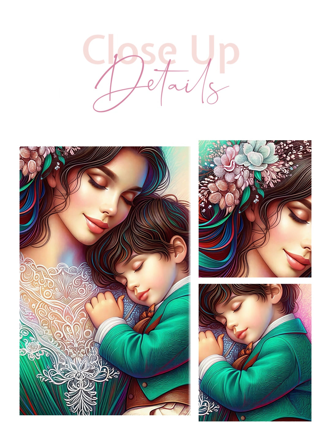 Framed canvas- ready to hang wall art print, colourful drawing abstract portrait mother and son, green vibrant colours, dark hair brunette beautiful women, mum and baby boy, motherhood, mothers day gift, unique original artwork, one of a kind.