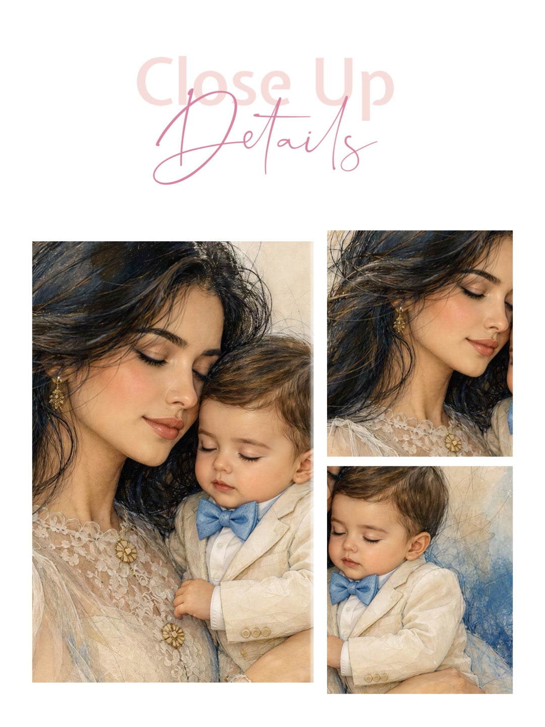 Framed canvas- ready to hang wall art print, abstract colourful crayons drawing mother and son portrait, dark hair beautiful brunette woman mum and baby boy motherhood, mothers day gift