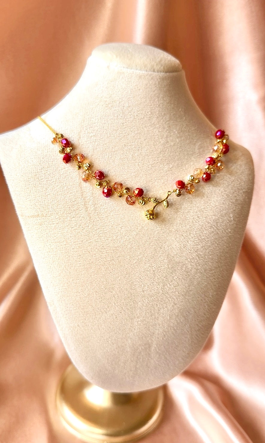 Mini Gold Rose Necklace Flower Pendant Handmade Braided Crystal Red Gold Beaded S925 Sterling Silver Hypoallergenic Floral Bohemian