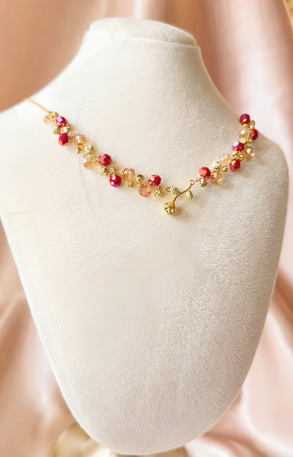 Mini Gold Rose Necklace Flower Pendant Handmade Braided Crystal Red Gold Beaded S925 Sterling Silver Hypoallergenic Floral Bohemian