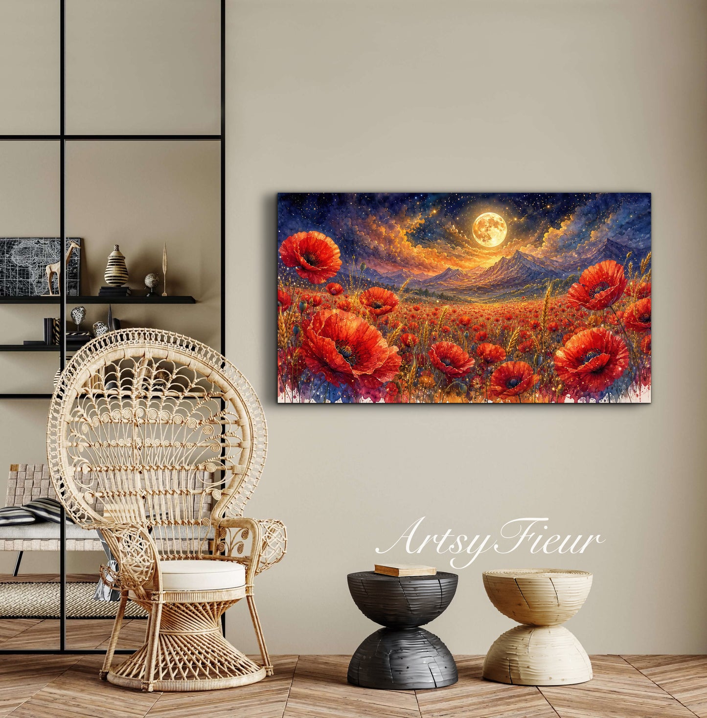 ArtsyFieur Framed Canvas - vibrant poppies whimsical lights full moon living room colourful wall art