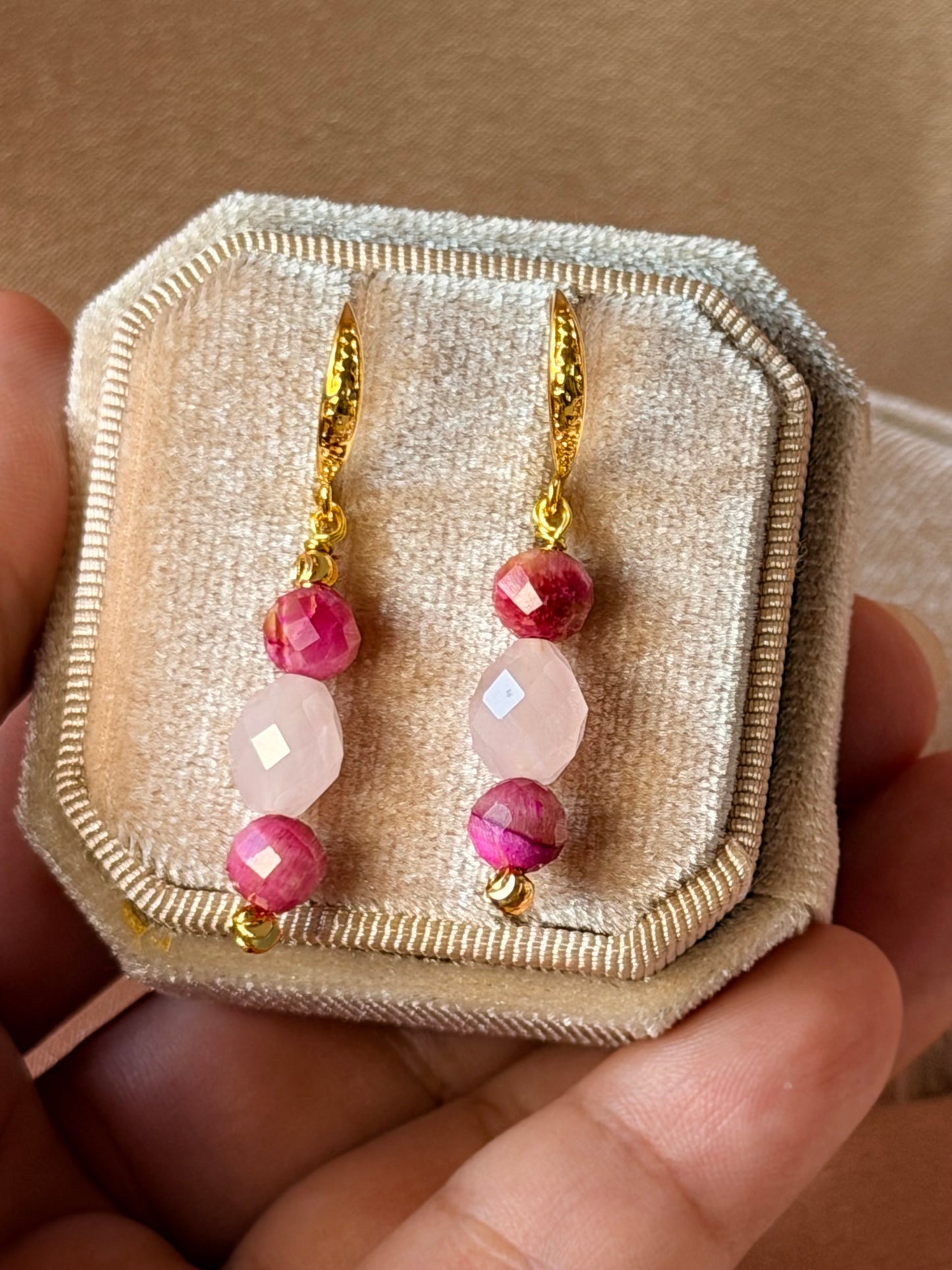 Rose Quartz Earrings Pink Tigers Eye Natural Gemstone Dangle Drop Long Earrings Hypoallergenic