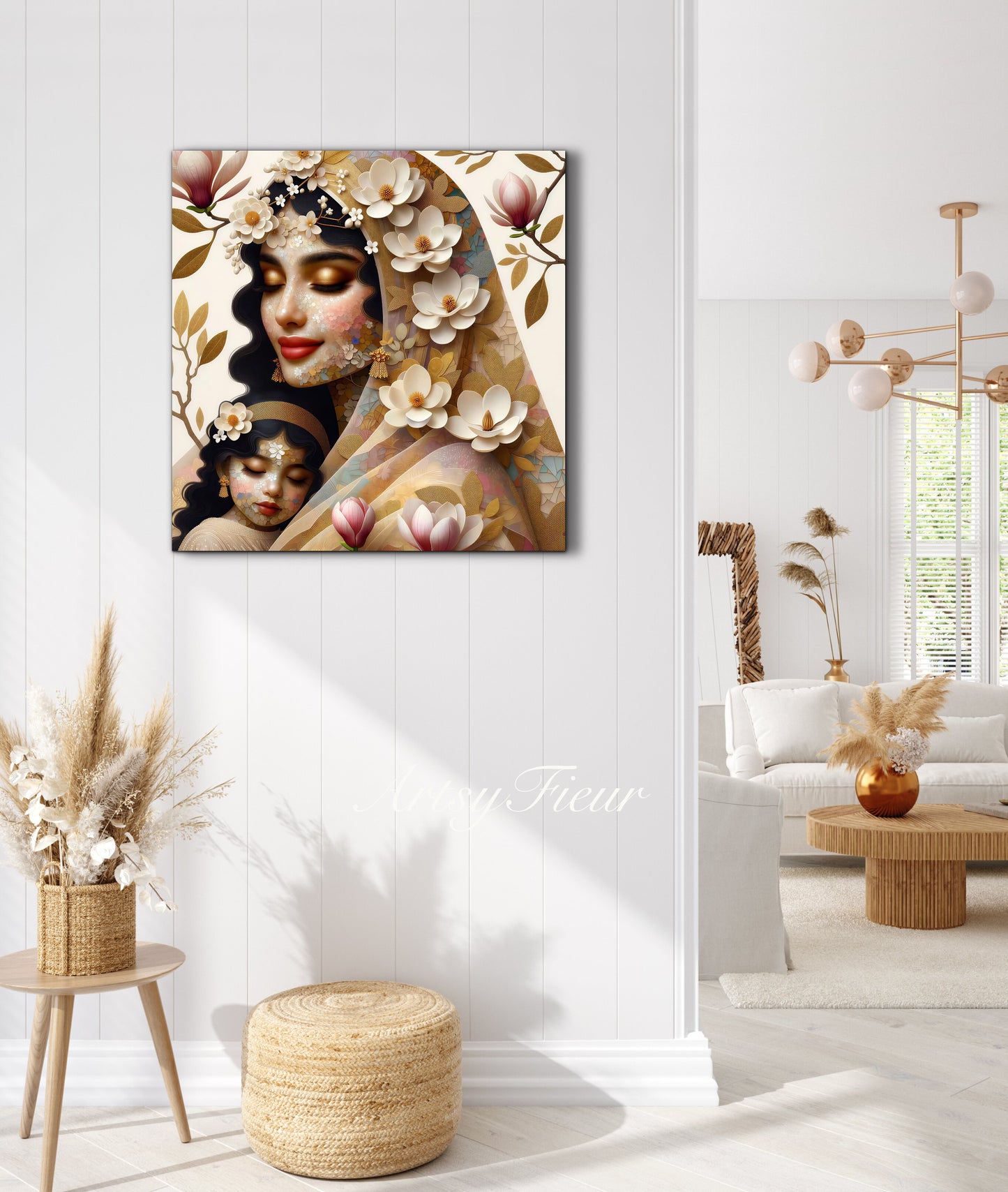 Framed canvas- ready to hang wall art print, abstract mother and daughter portrait Mosaic Magnolia Flowers Indian Beautiful Woman