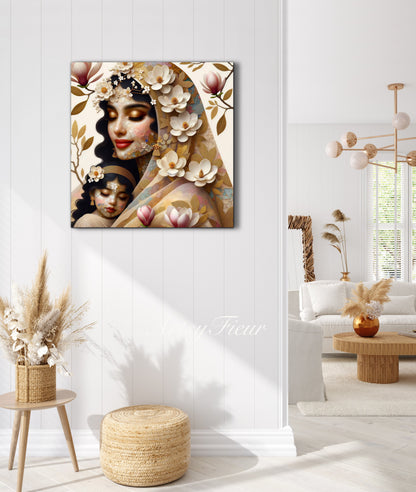 Framed canvas- ready to hang wall art print, abstract mother and daughter portrait Mosaic Magnolia Flowers Indian Beautiful Woman