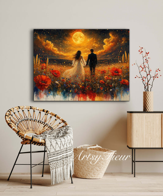 Framed canvas- whimsical full moon sunset -bride and groom, wedding gift, fantasy oil painting bedroom wall art print floral poppies field colourful vibrant colours