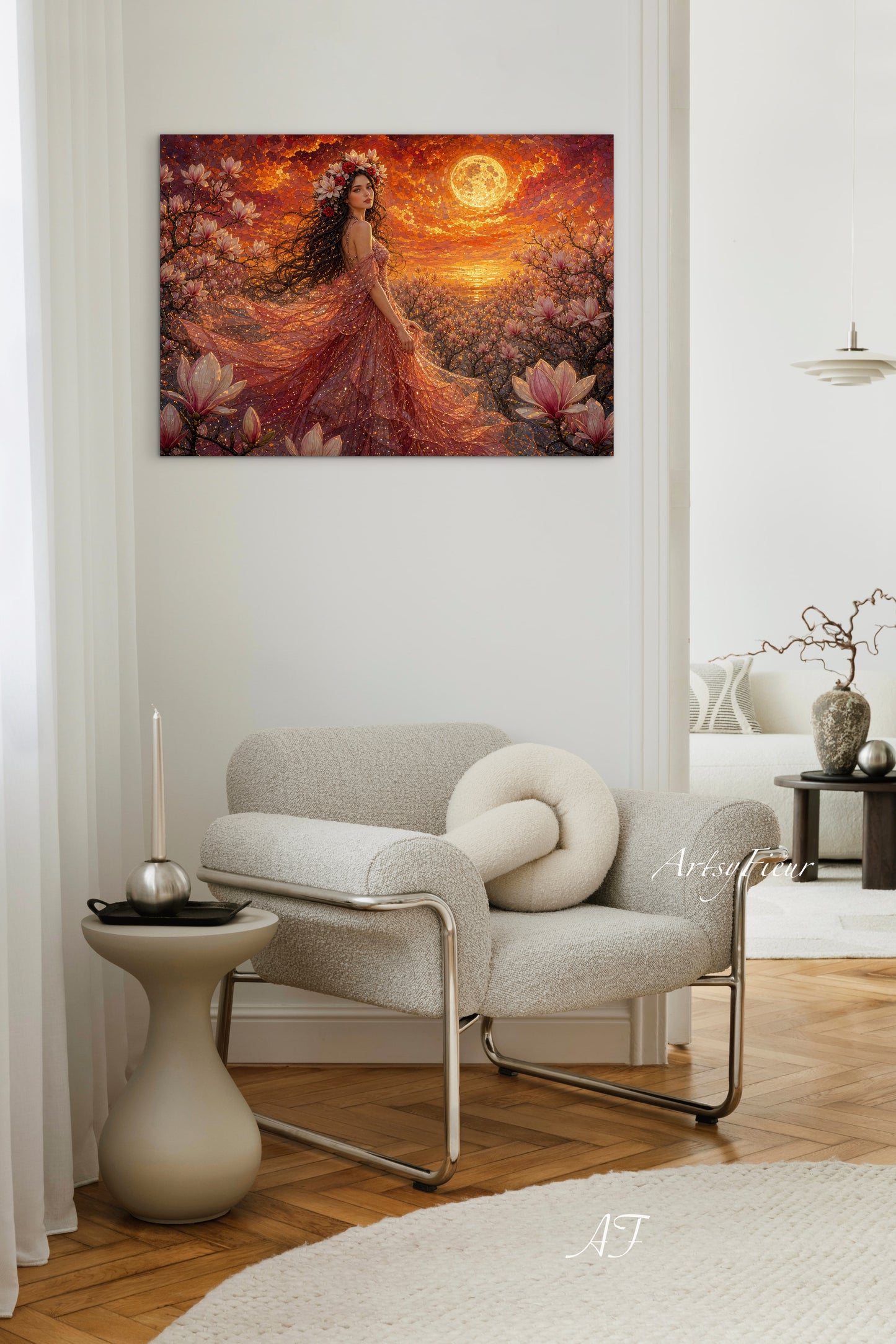 Framed Canvas- Vibrant Magnolia Flowers Beautiful Brunette Woman’s Abstract Portrait Mosaic Original Artwork Fantasy Wall Art Print