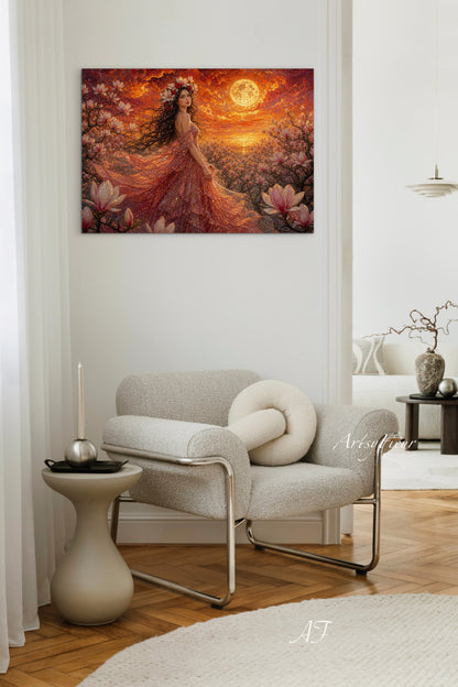 Framed Canvas- Vibrant Magnolia Flowers Beautiful Brunette Woman’s Abstract Portrait Mosaic Original Artwork Fantasy Wall Art Print