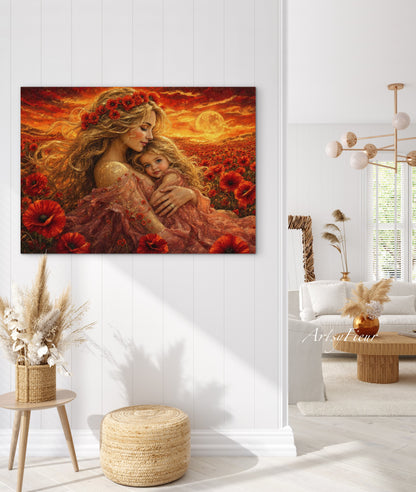 Framed Canvas- Vibrant Poppies Field Mother and Daughter Portrait Whimsical Full Moon Sunset Fantasy Oil Painting Wall Art Print