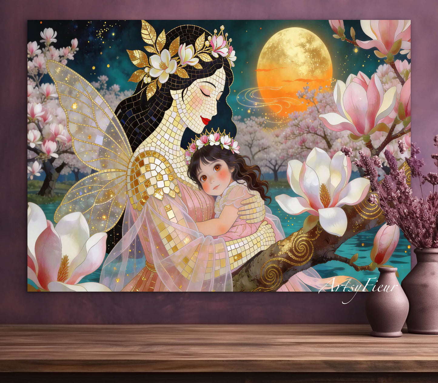 Framed Canvas- Vibrant Magnolia Flowers Mother and Daughter Portrait Original ArtworkFantasy Wall Art