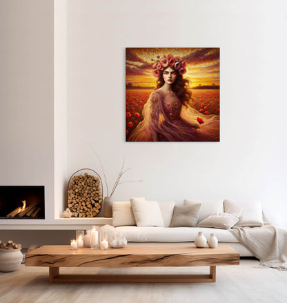 Framed canvas- Original Artwork Vibrant Poppies watercolour floral painting beautiful brunette woman ready to hang wall art print, abstract portrait