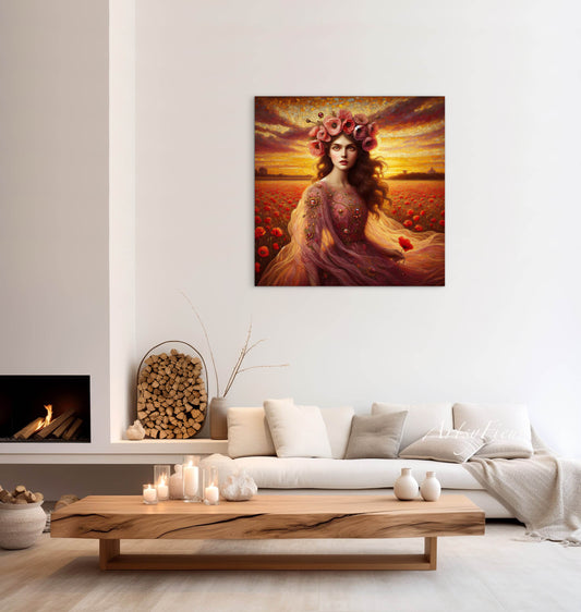 Framed canvas- Original Artwork Vibrant Poppies watercolour floral painting beautiful brunette woman ready to hang wall art print, abstract portrait