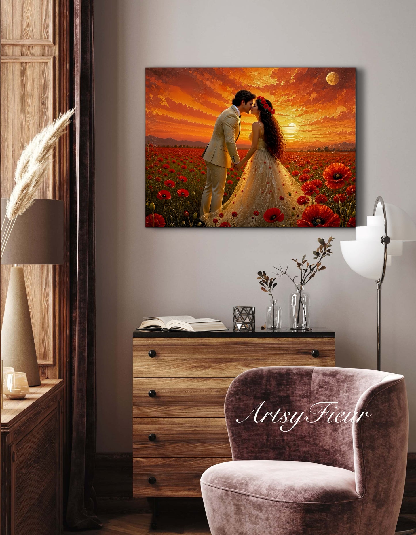 Framed canvas- whimsical full moon sunset bride and groom, wedding, poppy field, vibrant colours living room original artwork, fantasy oil painting wall art print