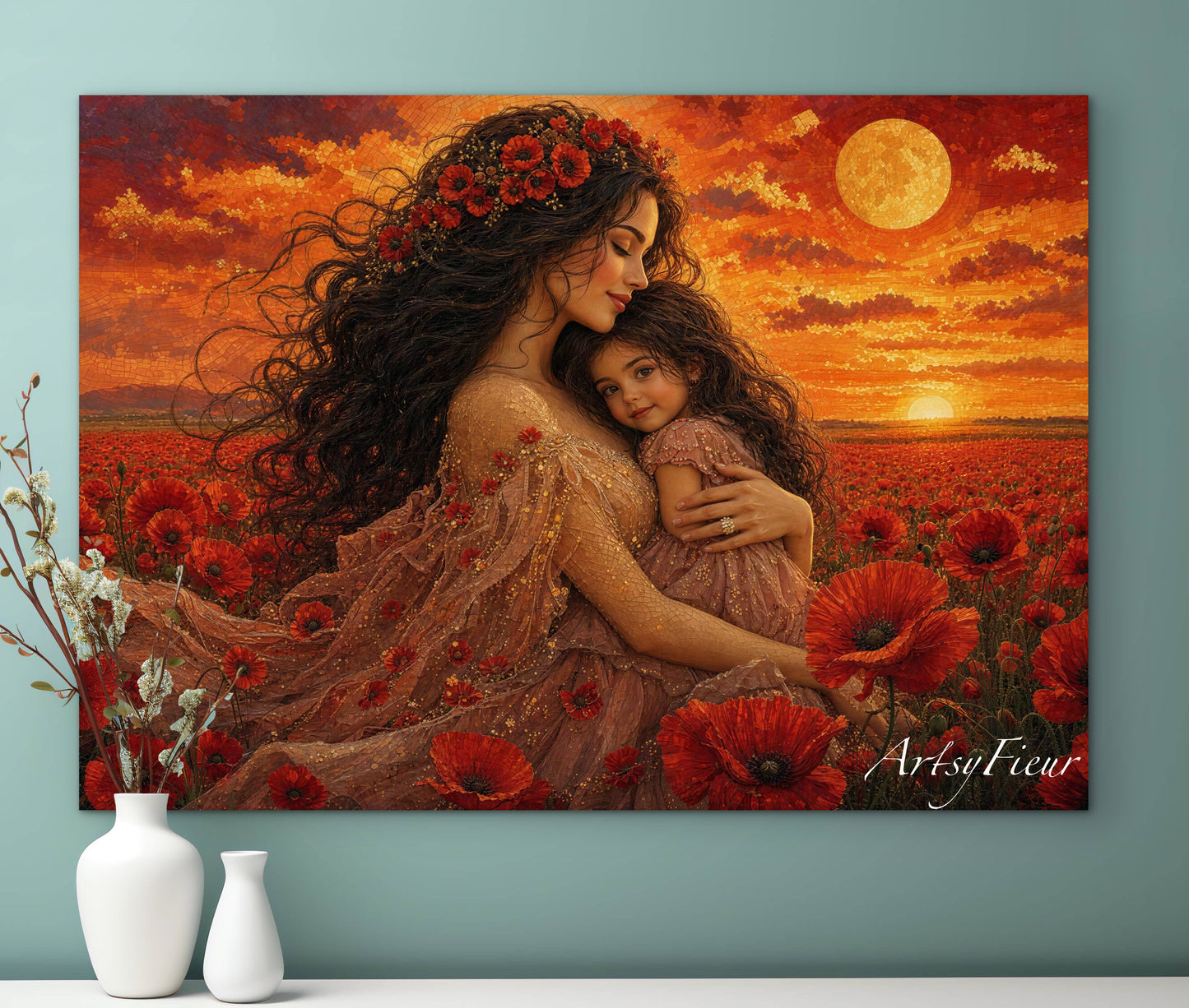 Framed Canvas- Vibrant Poppies Field Mother and Daughter Portrait Whimsical Full Moon Sunset Fantasy Oil Painting Wall Art Print