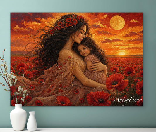 Framed Canvas- Vibrant Poppies Field Mother and Daughter Portrait Whimsical Full Moon Sunset Fantasy Oil Painting Wall Art Print