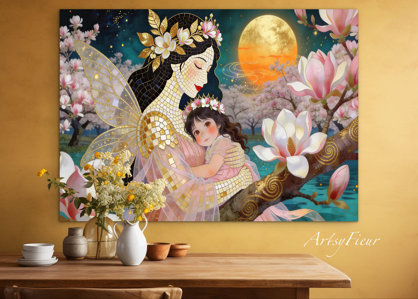 Framed Canvas- Vibrant Magnolia Flowers Mother and Daughter Portrait Original ArtworkFantasy Wall Art