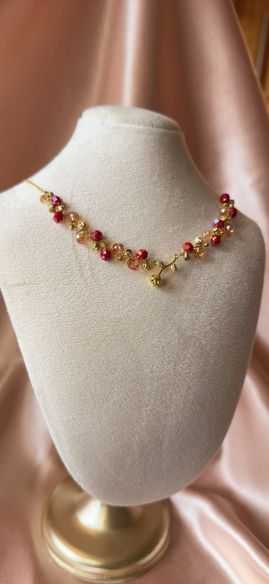 Mini Gold Rose Necklace Flower Pendant Handmade Braided Crystal Red Gold Beaded S925 Sterling Silver Hypoallergenic Floral Bohemian