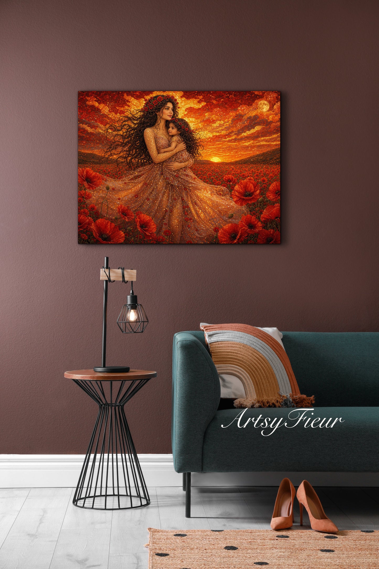 Framed Canvas- Vibrant Poppies Field Mother and Daughter Portrait Whimsical Full Moon Sunset Fantasy Oil Painting Wall Art Print