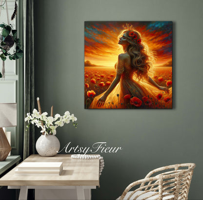 Framed canvas- Original Artwork Vibrant Poppies watercolour floral painting beautiful blondewoman ready to hang wall art print, abstract portrait colourful painting for living room
