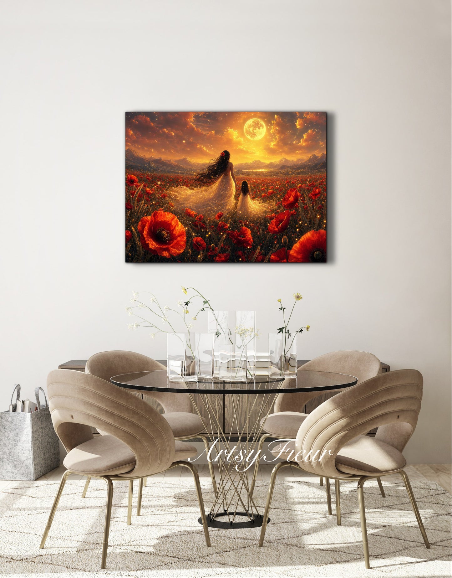 Framed Canvas- Vibrant Poppies Field Bride Mother and Daughter Portrait Whimsical Full Moon Sunset Fantasy Oil Painting Wall Art Print