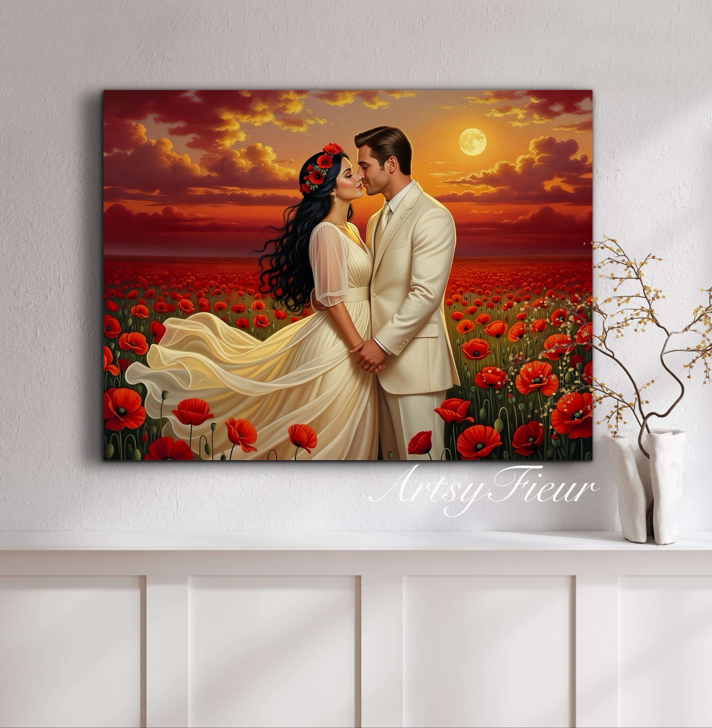 Framed canvas- whimsical full moon sunset bride and groom, wedding, poppy field, vibrant colours living room original artwork, fantasy oil painting wall art print