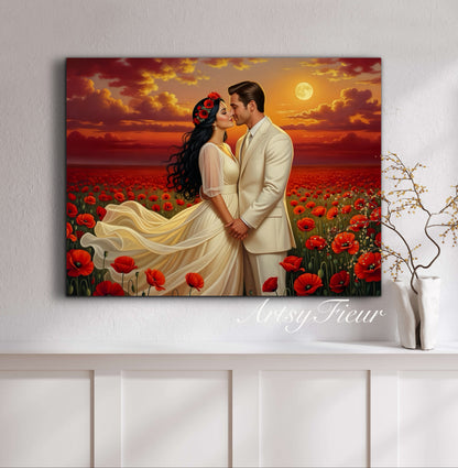 Framed canvas- whimsical full moon sunset bride and groom, wedding, poppy field, vibrant colours living room original artwork, fantasy oil painting wall art print
