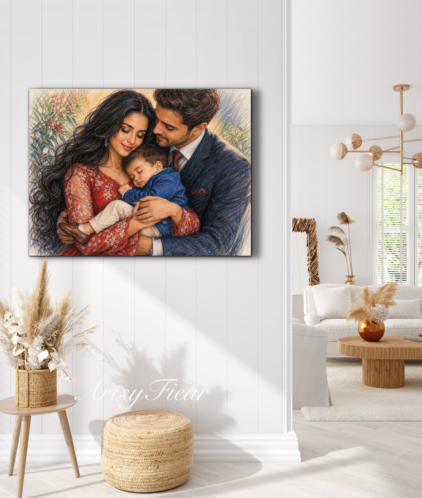 Framed Canvas- Vibrant Mother and Son Dad Family Portrait Fantasy Drawing Wall Art Print