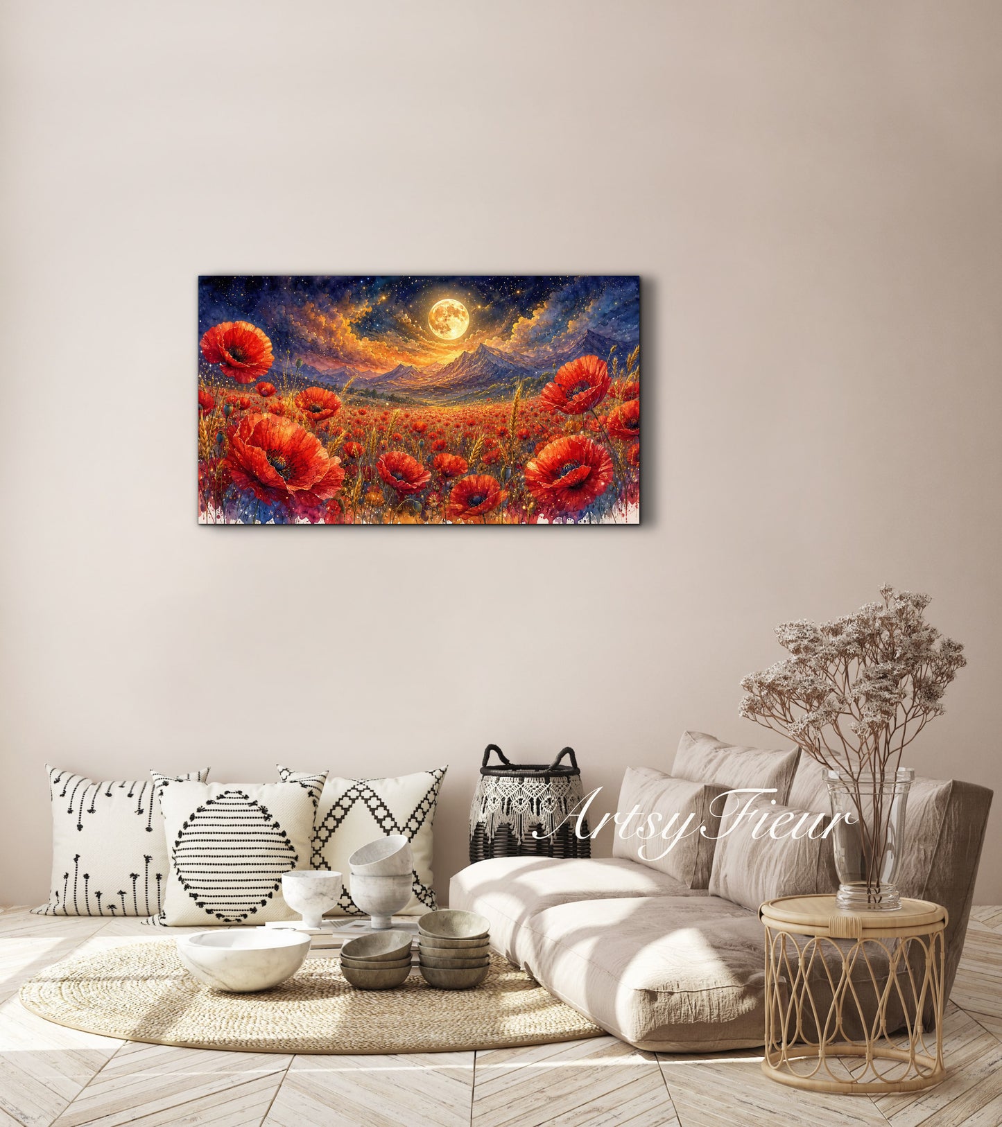 ArtsyFieur Framed Canvas - vibrant poppies whimsical lights full moon living room colourful wall art
