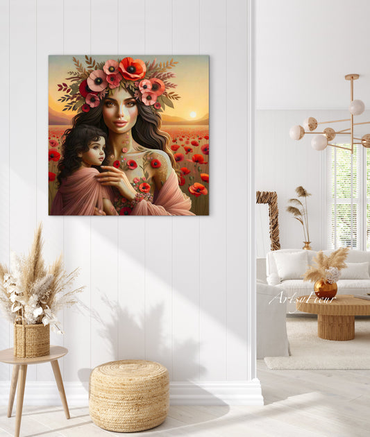 Framed Canvas- Vibrant Poppies Mother and Daughter Portrait Whimsical Full Moon Sunset Fantasy Oil Painting Wall Art Print