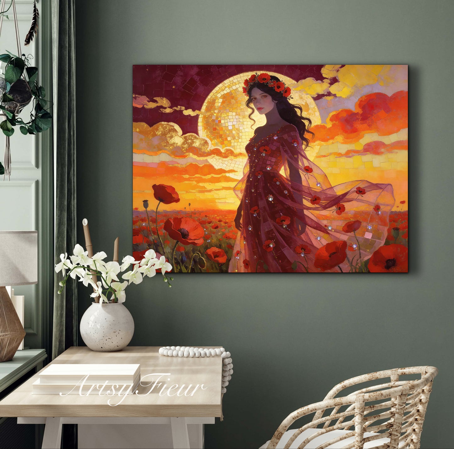 Framed Canvas - Vibrant Poppies Whimsical Full Moon Beautiful Brunette Woman in the Poppy Field, Wall Art Ready to hang Oil Painting Original Artwork Print